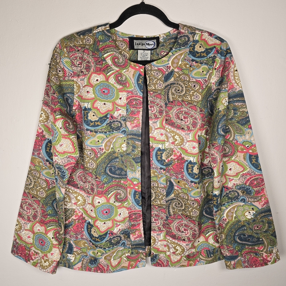 VTG Indigo Moon Women's Floral Paisley Beaded Open Cardigan Jacket Multi-Color M
